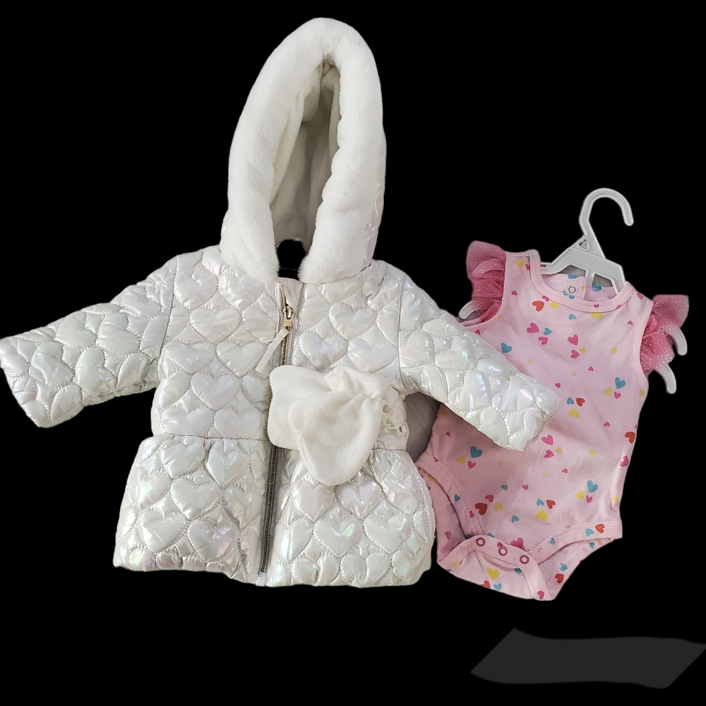 NWOT Rothschild Hearts Iridescent Quilted Puffer Jacket & Nannette Baby Onesie